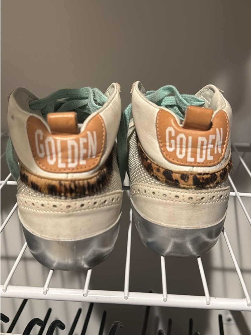 Golden Goose White Sneakers with Tan Logo Patch and Leopard Accent